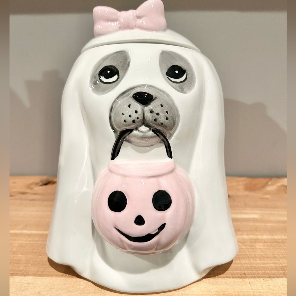 NWT Creepy Critters Halloween Ghost Dog with Pink Bow & Pumpkin Canister
